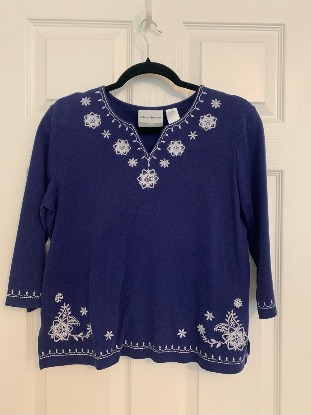 Alfred Dunner Blue V-Neck Embroidered Sweater